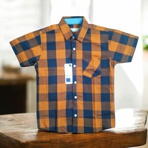 Nomad Youth Plaid Button Down Short Sleeve Shirt, Navy Mustard school pictures S